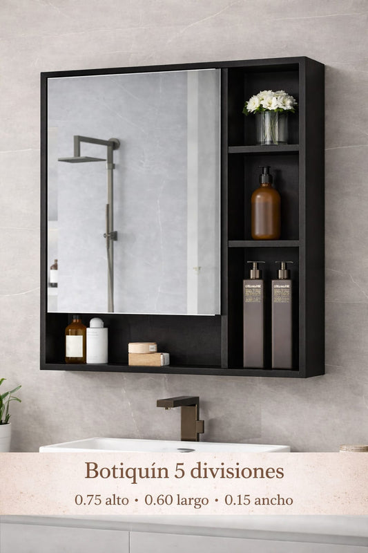 Botiquín 5 Divisiones de Madera con Espejo para Baño