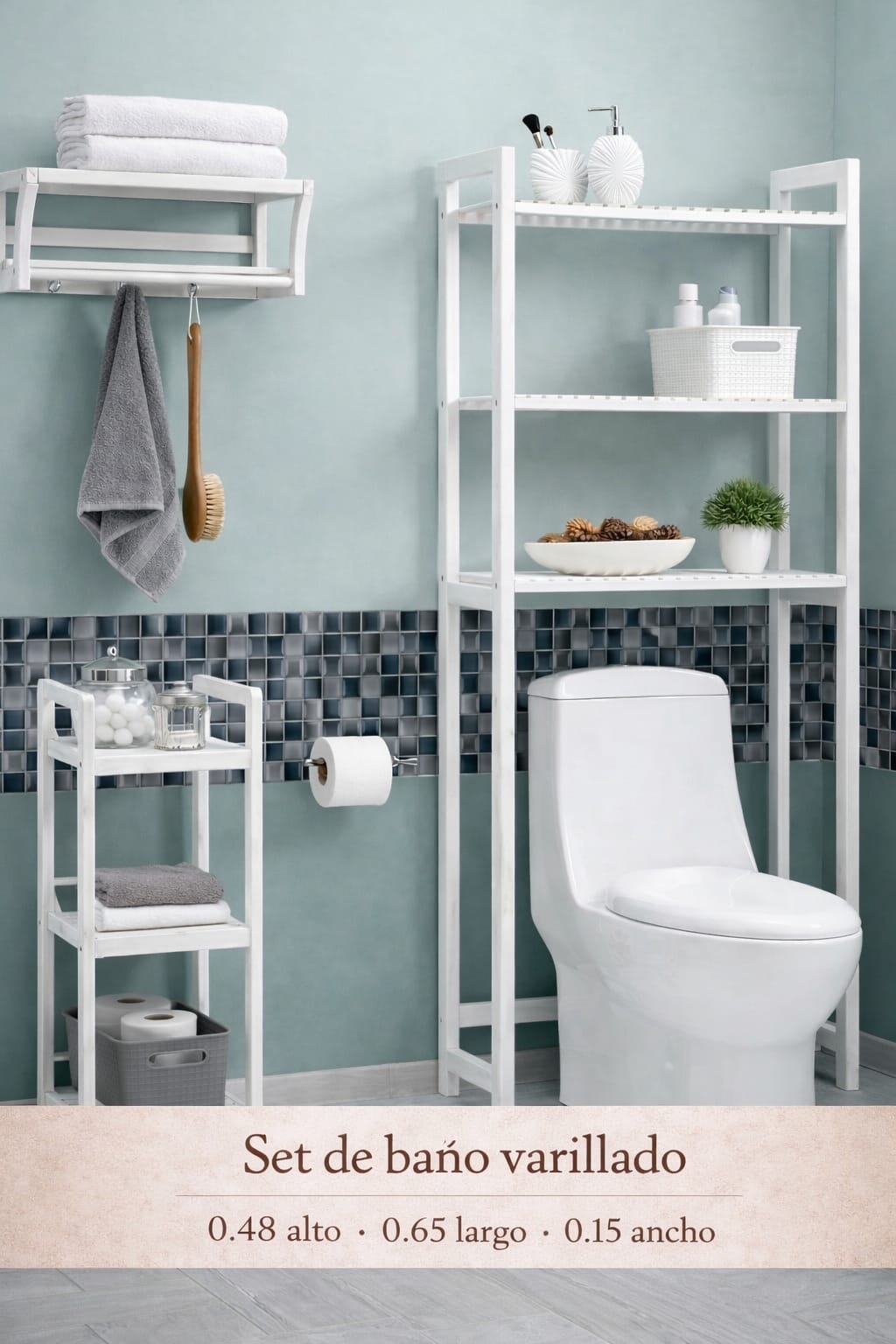 Set de Baño Varillado de Madera - Estante y Accesorios