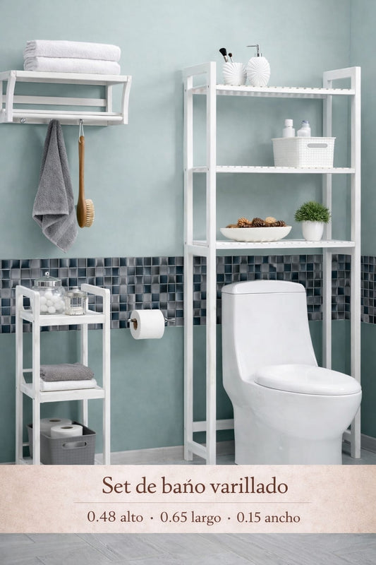 Set de Baño Varillado de Madera - Estante y Accesorios